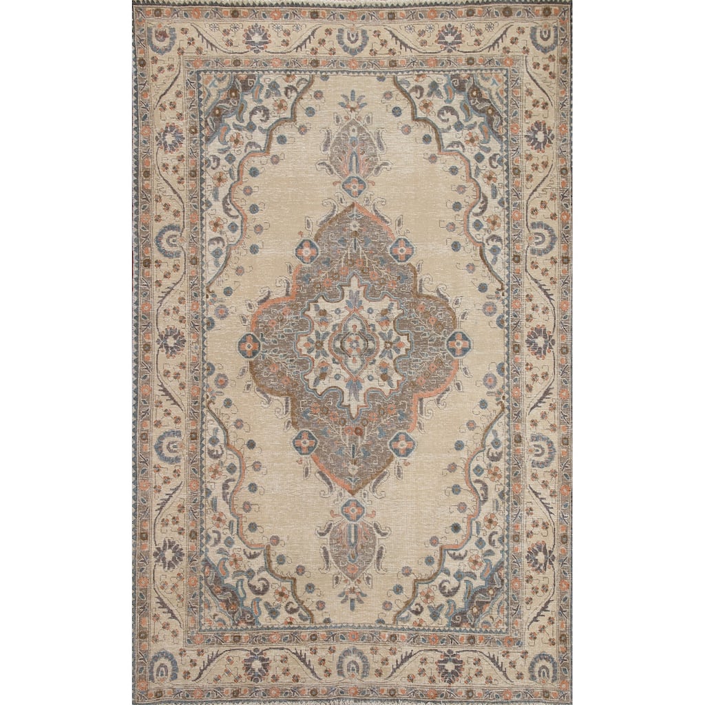 Hand Knotted Oriental 100% Wool Carpet Traditional Medallion Beige & Ivories Tabriz Area Rug - 9' 5'' X 6' 5''