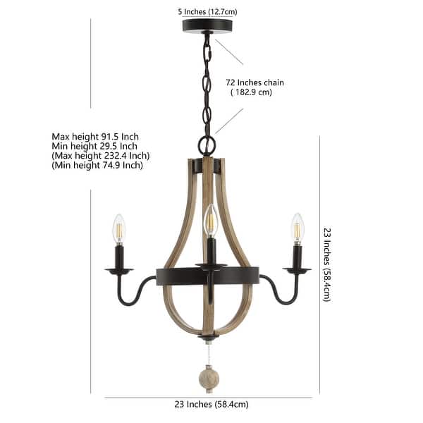 dimension image slide 1 of 2, SAFAVIEH Lighting Kamari 23-Inch LED Metal 3-Light Pendant Light - 23" x 23" x 29.5-91.5"