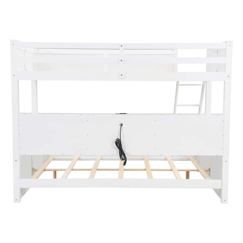 Wood Twin XL over Queen Bunk Bed with Shelves, Storage Cabinets, USB Ports, Bunk Bed Frame w/Slats Support, No Box Spring Needed