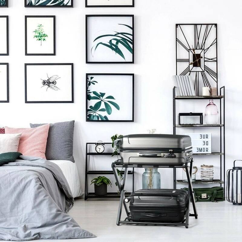 Set of 2 Folding Black Metal Luggage Racks with Bottom Shelf for Bedroom or Hotel Use - 27”L x 17''W x 23”H