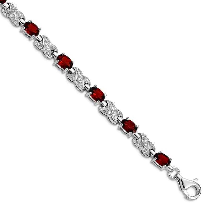 Curata 925 Sterling Silver 7" 5mm Genuine Gemstone and Diamond X Bracelet - Garnet - 7 Inch - Garnet - White