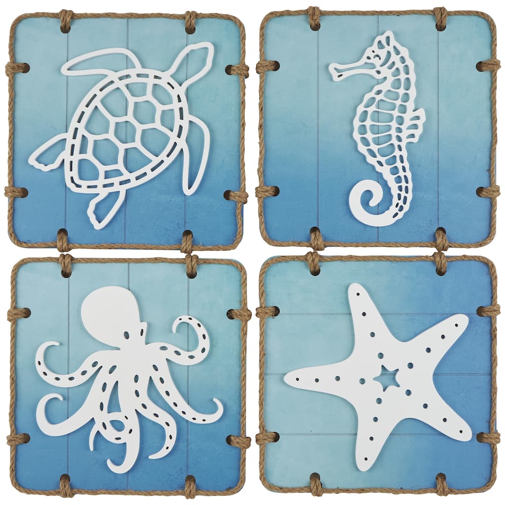 Wooden Sea Life Ombre Home Wall Decor with Rope Accents - Set of 4 Blue - Roche River Decor