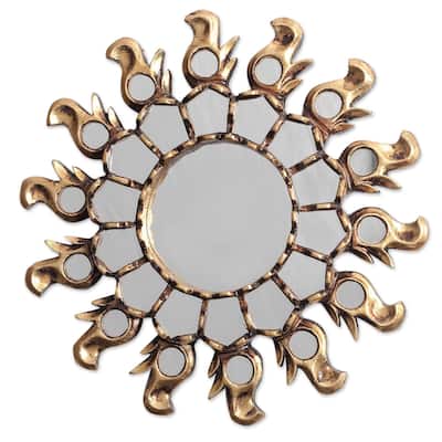 Handmade Bronze gilded cedar wood wall mirror (Peru) - 1.2" H x 11.5" D