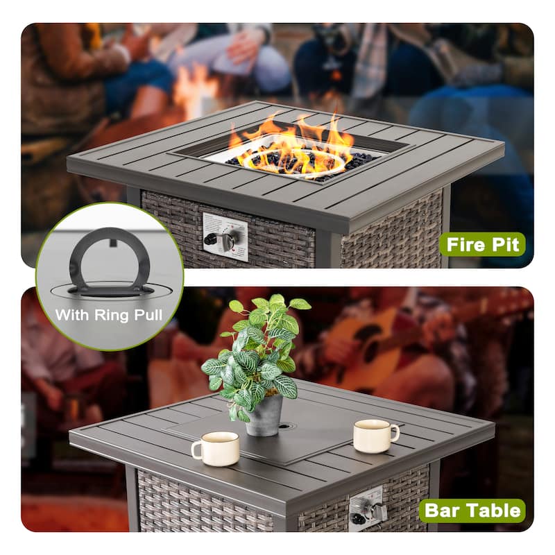 Outdoor 30’’ Square Rattan Fire Pit Table with Metal Lid, Brown