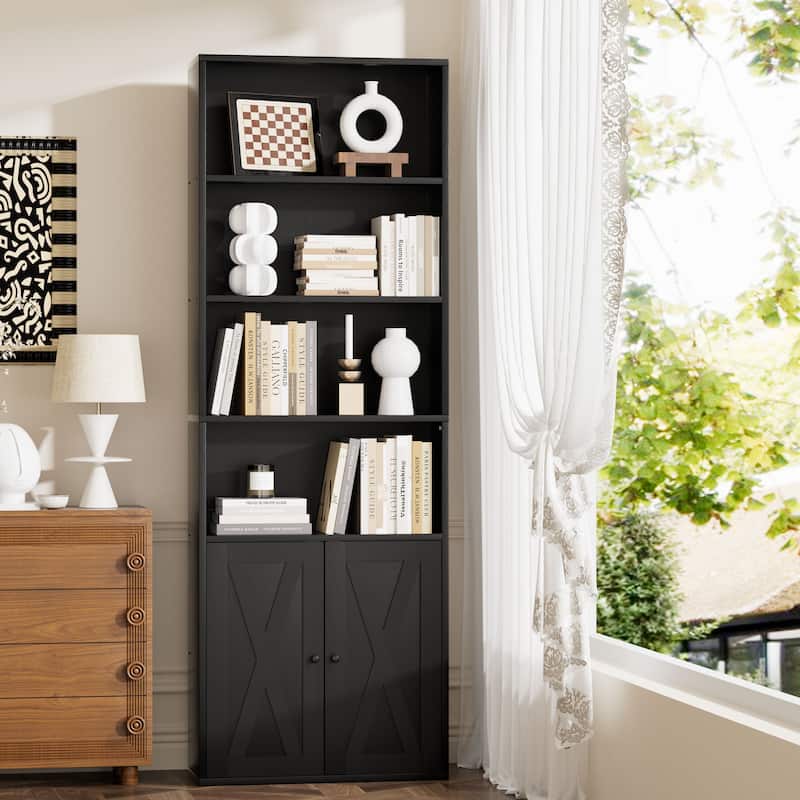 Farmhouse 6-Tier Open Bookcase and Bookshelf with Doors