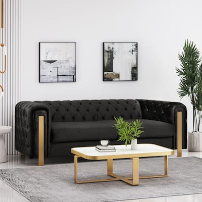 Black Modern 83.75" Velvet Button Tufted 3-seater Sofa with Iron Legs for Living Room