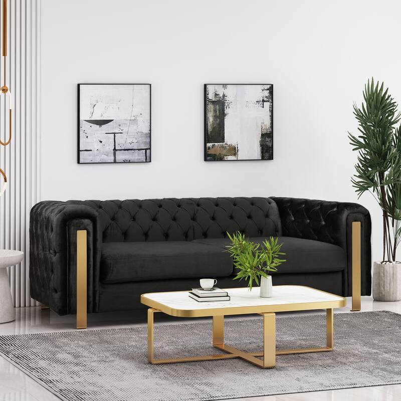 Modern 83.75" Velvet Button Tufted 3-seater Sofa with Iron Legs for Living Room - Black