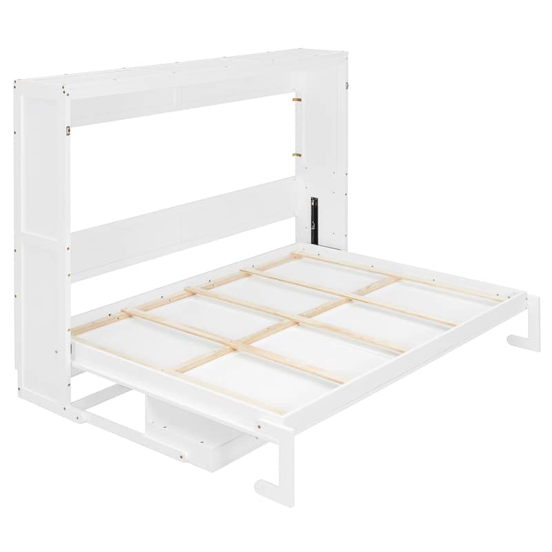 Queen Murphy Bed with Storage & Vanity Desk, Wall Mounted Folding Cabinet Bed with Mirror and Drawers for Small Space