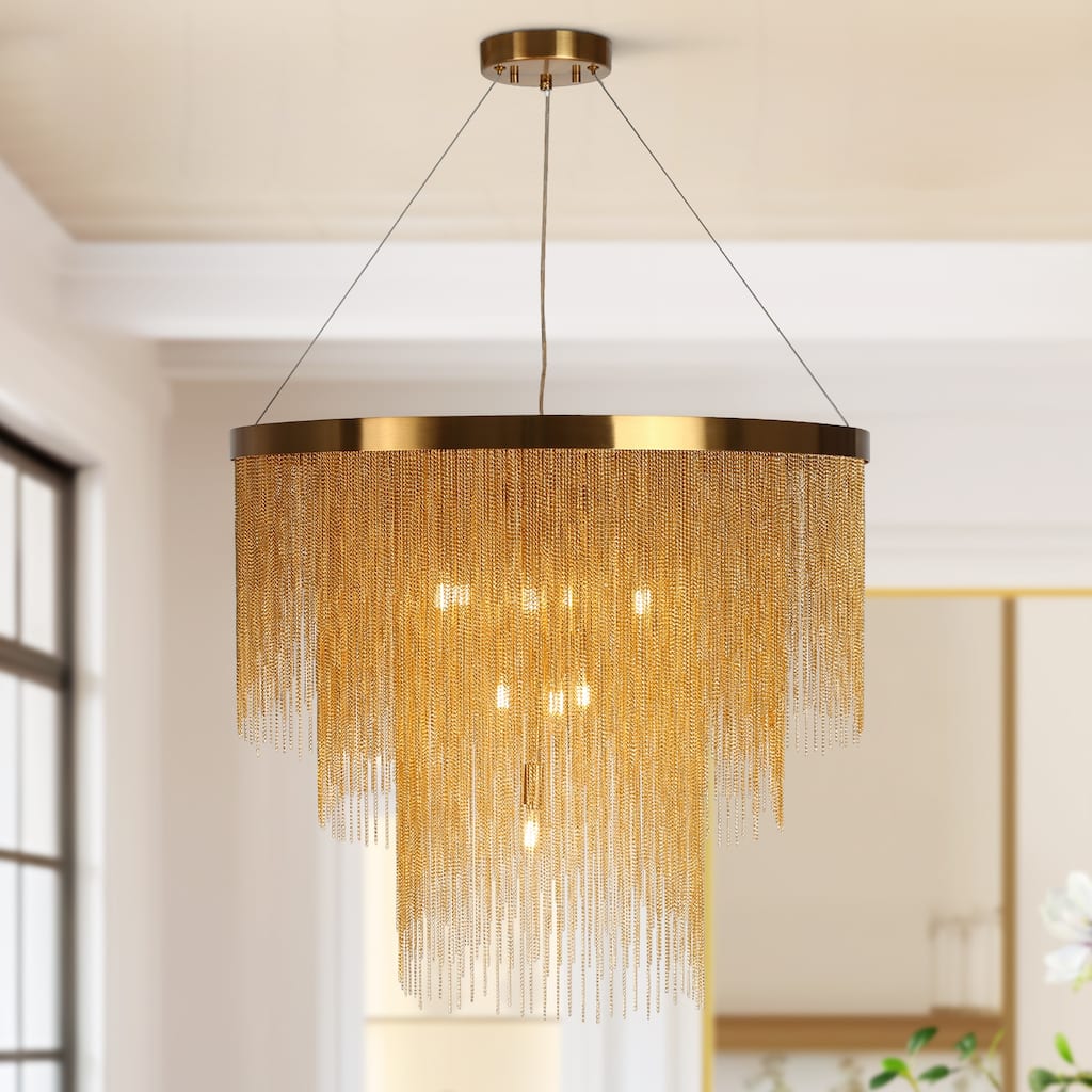 Mid-Century Modern 10-Light Tierd Gold Fringe Chandelier for Living Dining Room Entryway - Dia. 31.5" x H 27.5"