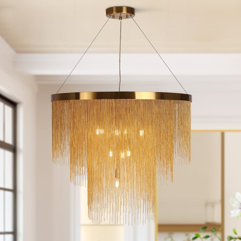 Mid-Century Modern 10-Light Tierd Gold Fringe Chandelier for Living Dining Room Entryway - Dia. 31.5" x H 27.5"