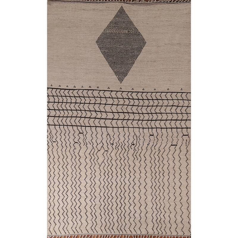 Moroccan Oriental Area Rug Hand-Knotted Beige Wool Carpet - 6'9"x 10'3"