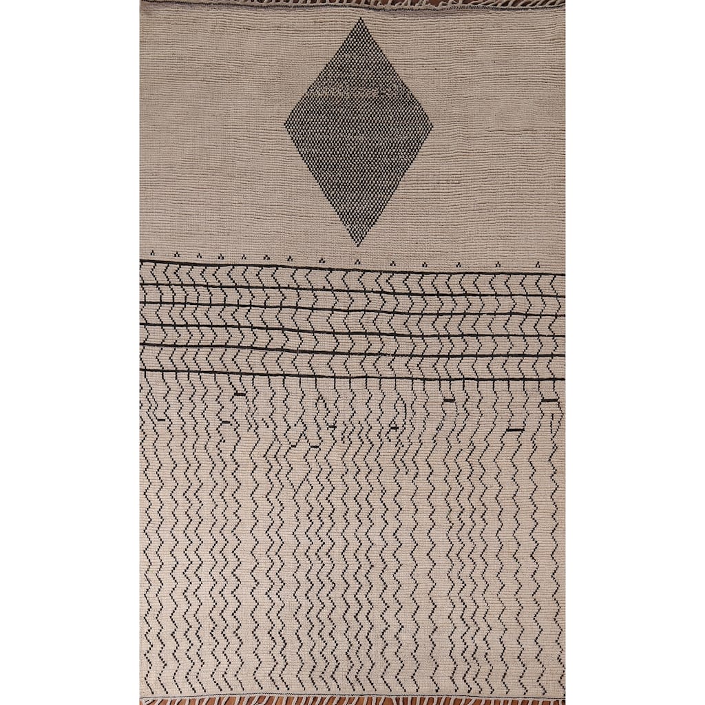 Moroccan Oriental Area Rug Hand-Knotted Beige Wool Carpet - 6'9"x 10'3"