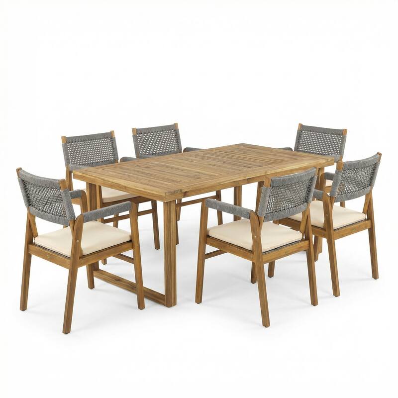 Christopher Knight Home - 7-Piece Outdoor Acacia Wood Dining Set with Cushioned Armchairs & Rectangular Slatted Table