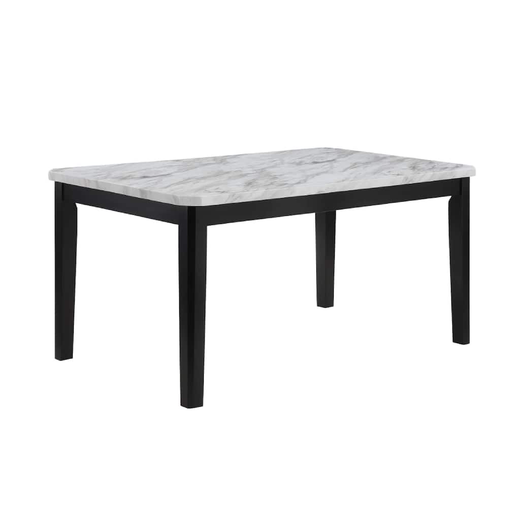 Pazy Dining Table, 64 Inch White Faux Marble Top, Black Tapered Legs