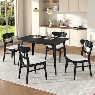 Mid-Century Modern 5-Piece Dining Set - Rubberwood & Upholstered Chairs
