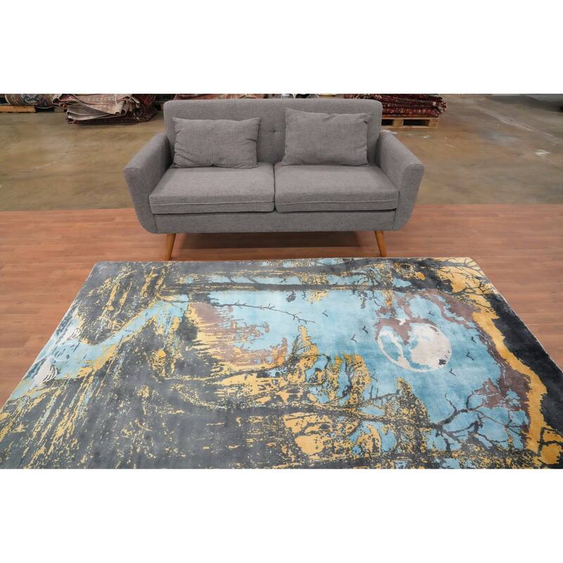 Hand Knotted Oriental Viscose Silk Carpet Modern Pictorial Multi-Colored Abstract Area Rug - 7' 9'' X 5' 6''