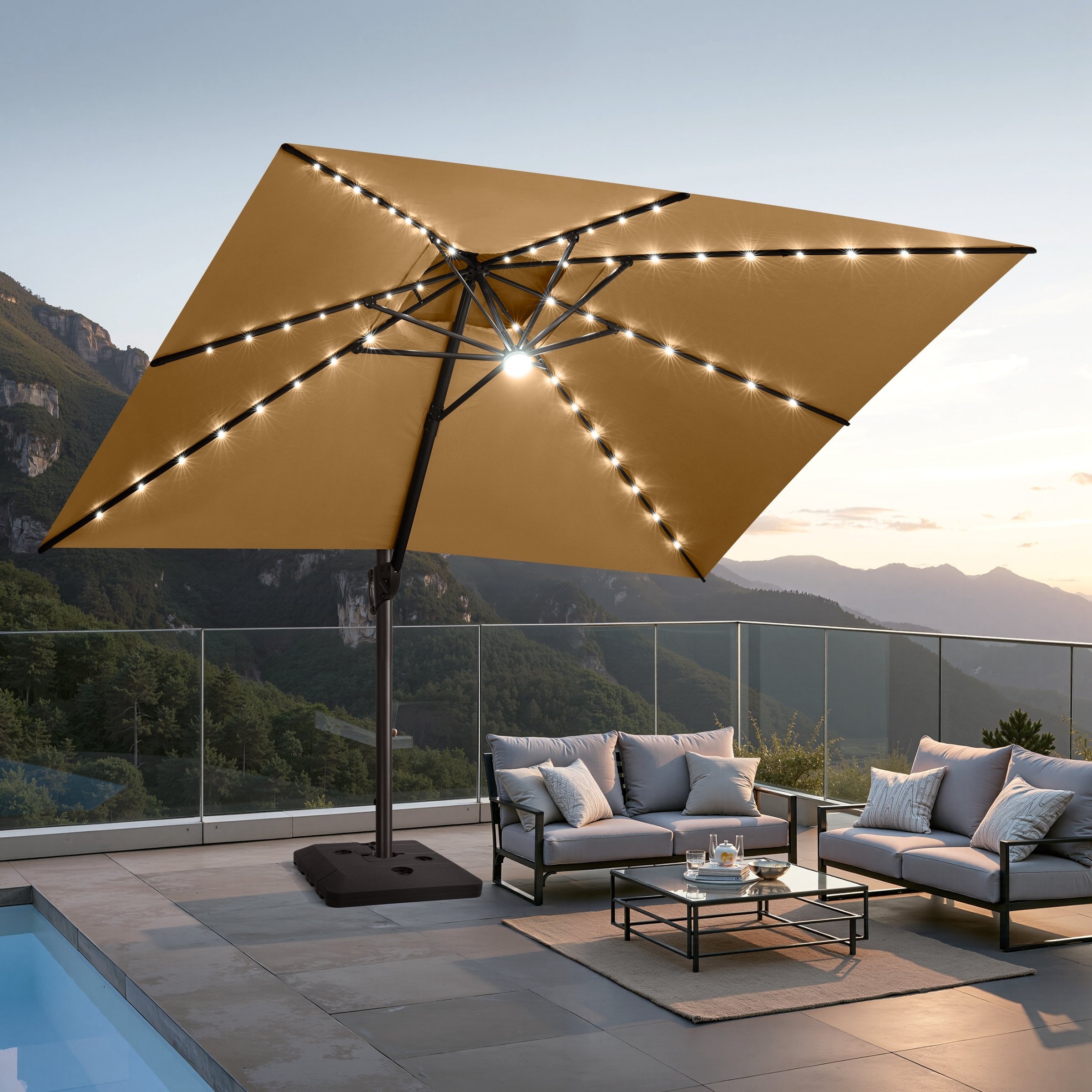 10 FT x 13 FT Outdoor Premium Solar LED Lighted Patio Cantilever Umbrella with Base