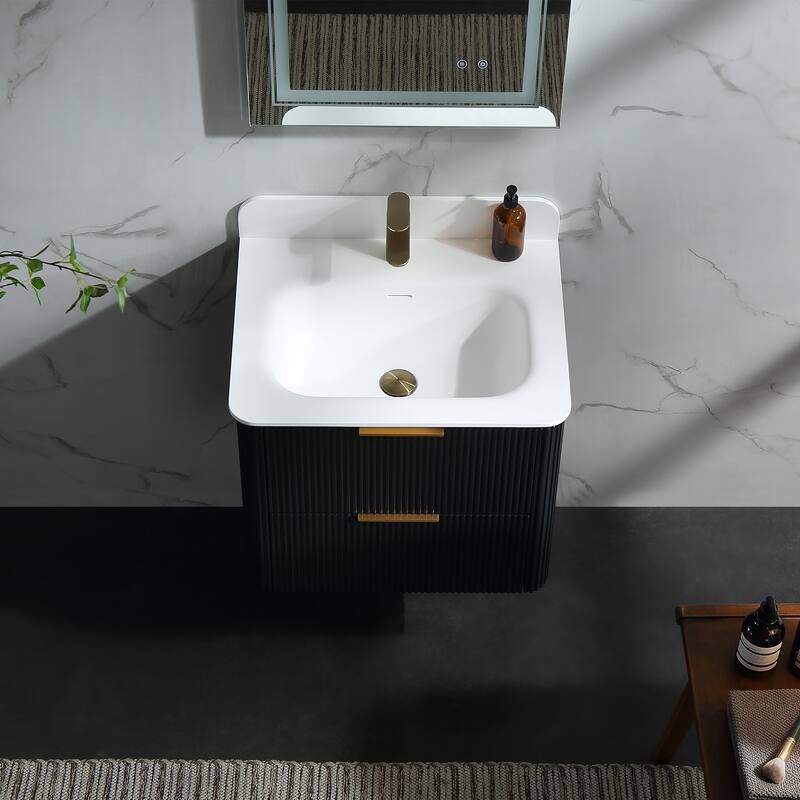 Modland Fluted Floating Vanity with Sink, Plywood Wall Mount Cabinet, Curved Edge, 24/30/36 Inch