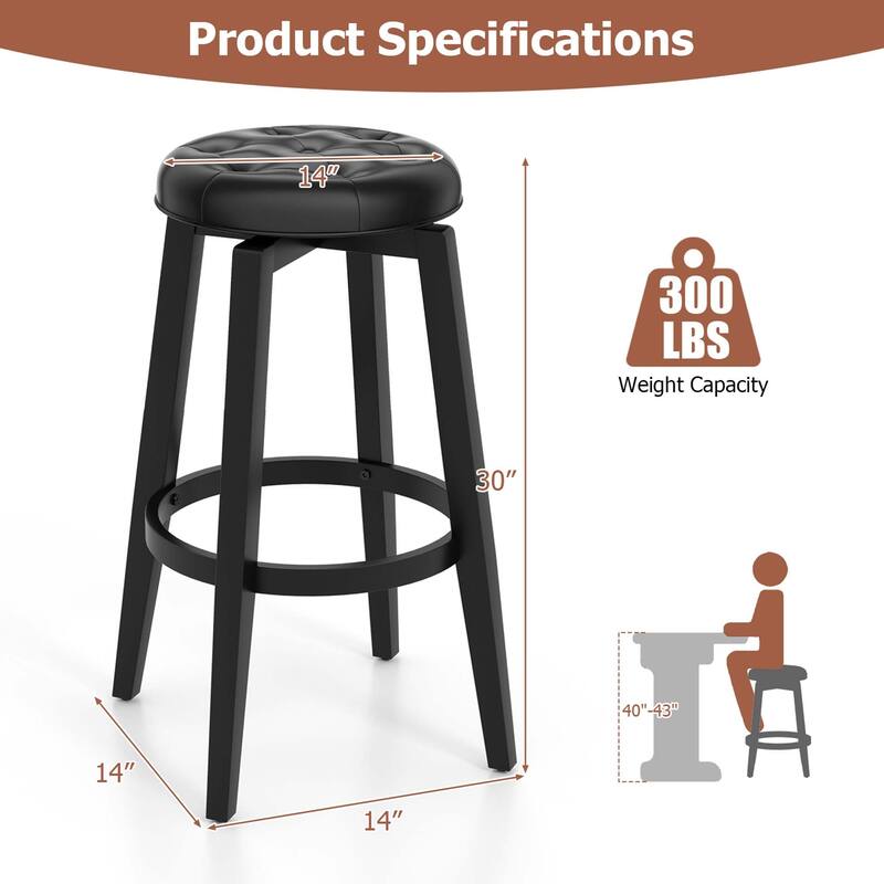 26"/30" Swivel Bar Stool Set of 2 Counter/Bar Height Rubber Wood Frame
