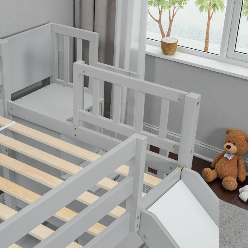 Twin Over Full Bunk Bed with Slide and Storage Staircase, Solid Pine Wood Frame with Guardrails and Drawers