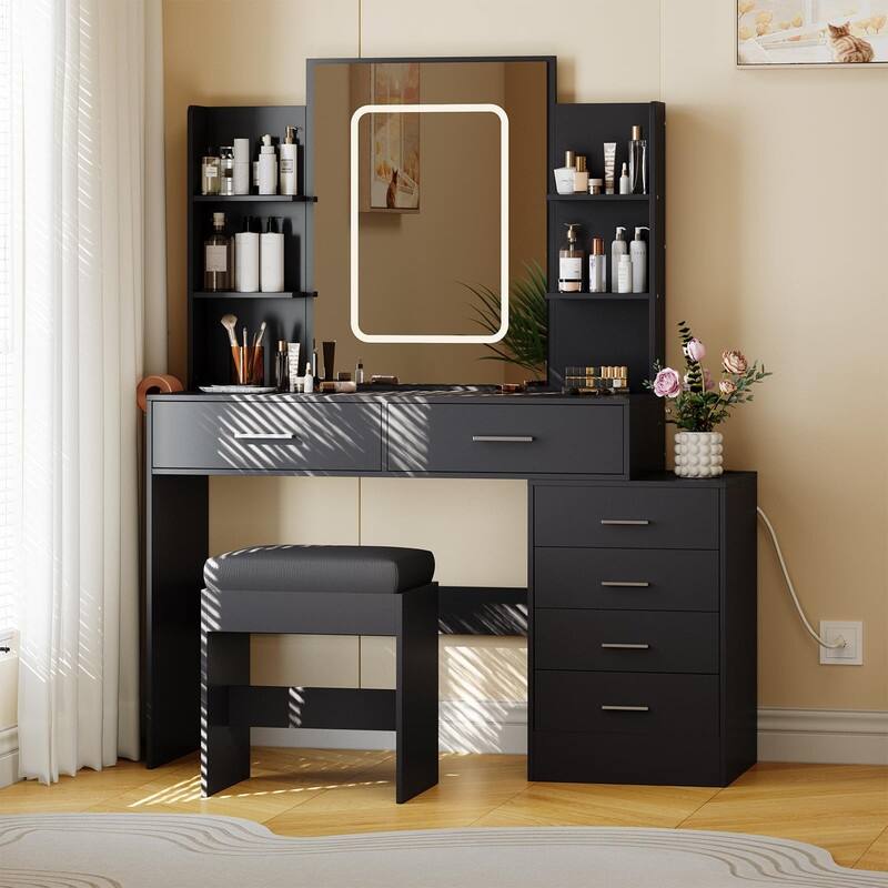Makeup Vanity with Mirror, 6 Drawers, Shelves, Charging Ports, Hairdryer Holder, Stool