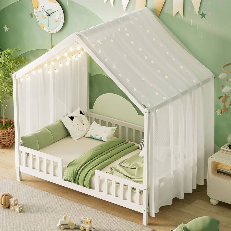 House-Shaped Full Bed Frame with Canopy and Railings for Kids, White