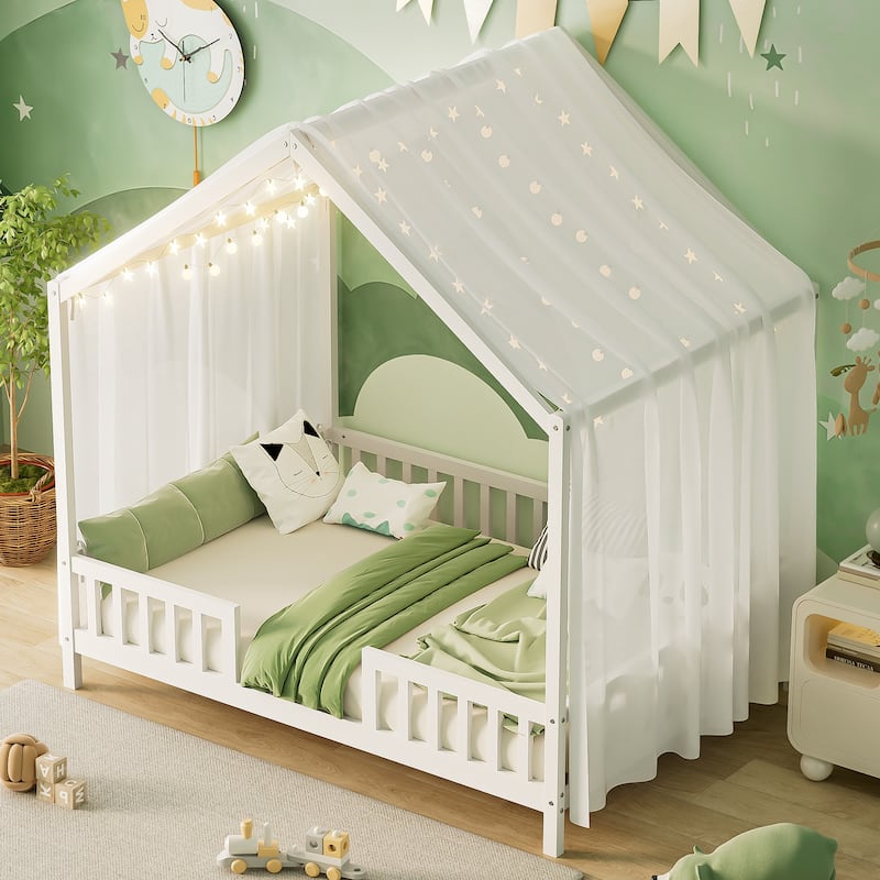 Montessori Toddler Bed Kids House Bed with Airy Canopy, Wood Bed Frame Bed Tent with 4 Full Guardrails, No Box Spring Needed