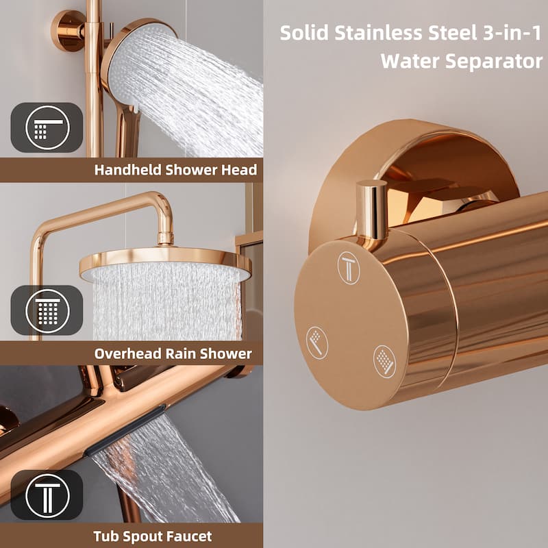 Modland Wall Mount 3-Function Shower System with 10" Rainfall, 1.59GPM, Matte Black/Rose Gold/Chrome