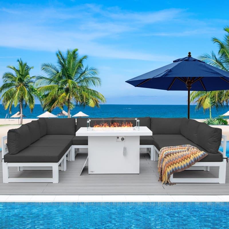 FINCATI White Aluminum Modern Patio Furniture Sectional Sofa Set with Cushion - 9 Pieces - Dark Grey