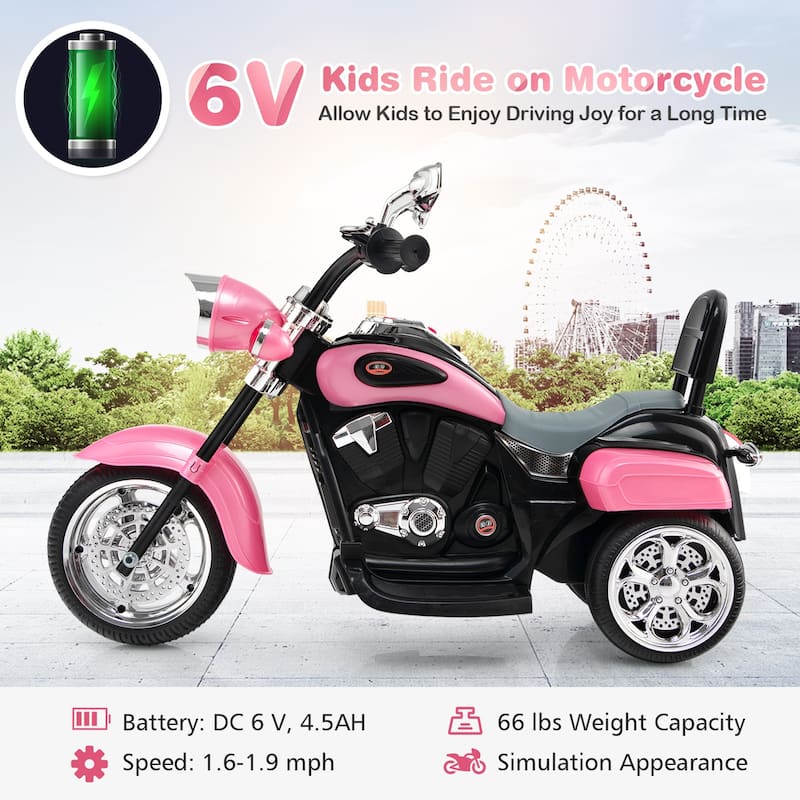 6V Powered Toddler 3-Wheel Motorbike Ride On Toy with Horn and Headlight - 36" x 19" x 25" (L x W x H)