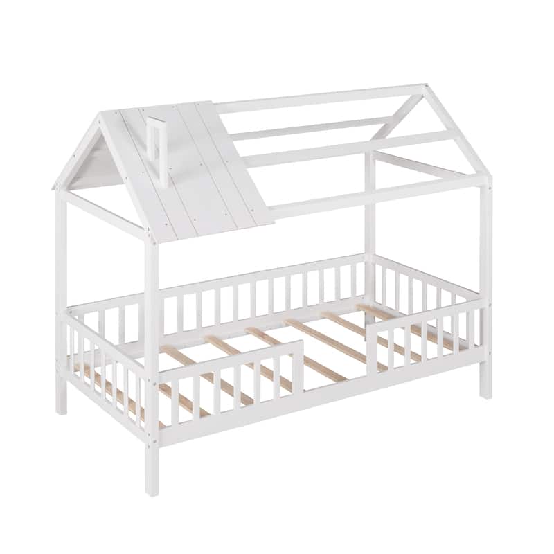 Twin Size Wood House Bed with Fence - White
