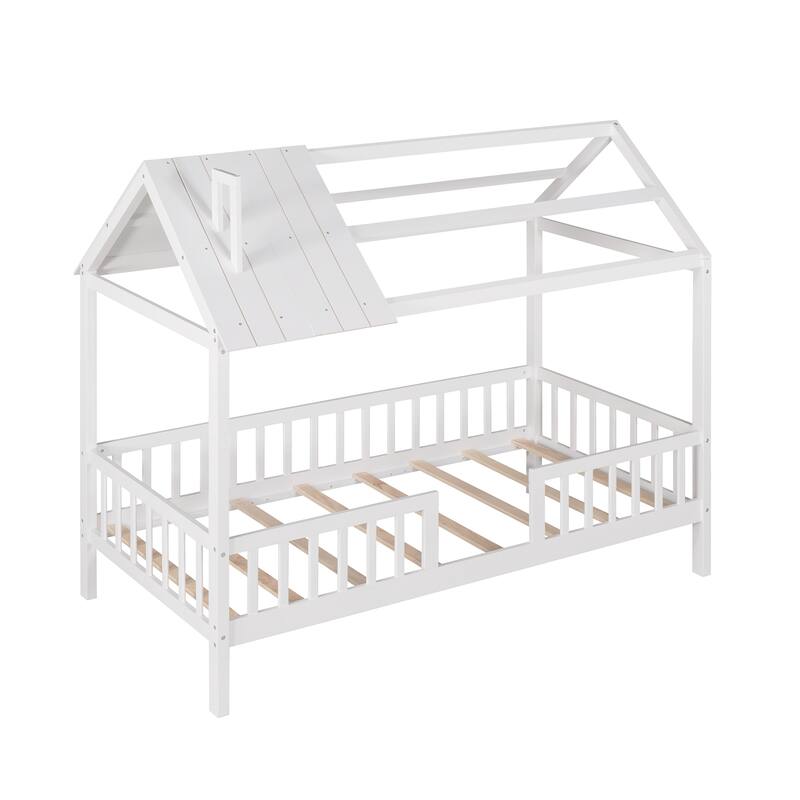 Twin Size Wooden House Bed with Fence, White - Semi-Enclosed Play Space for Kids