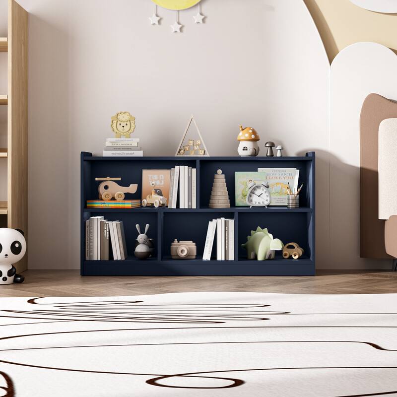 Wooden Storage Cabinet with 5 Sections, Montessori Kids Bookshelf and Toy Organizer for Nursery, Playroom & Classroom