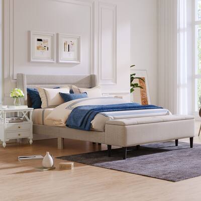 Beige Queen Upholstered Storage Bed with Storage Ottoman Bench and Two Nightstands