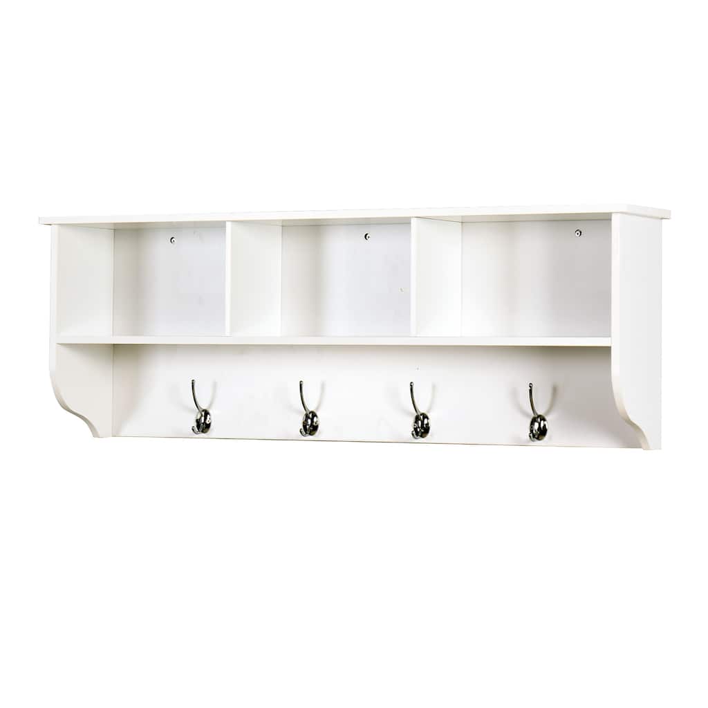 White Wall Mounted Cubby Shelf with 4 Dual Hooks