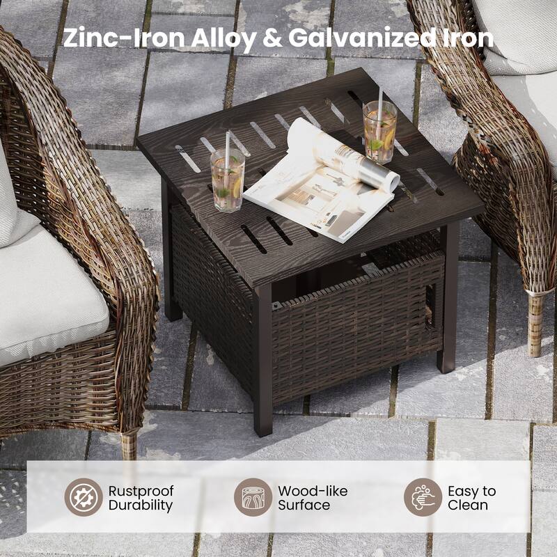 Brown PE Rattan Outdoor Side Table with Umbrella Hole and Rustproof Zinc-Iron Frame for Garden or Pool - 22" x 22" x 19"