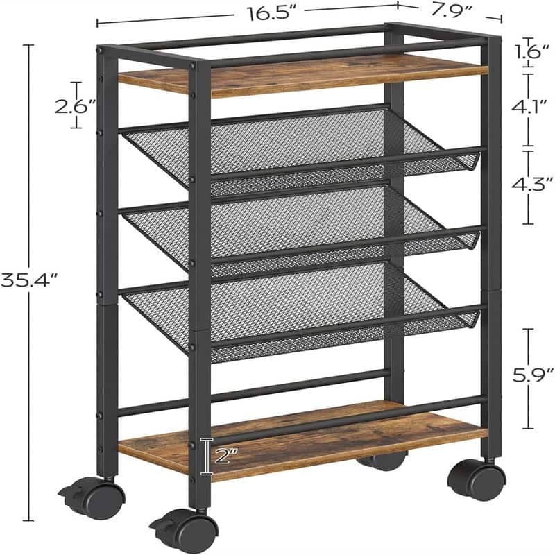 5 Tier Rolling File Organizer Cart with Wheels - 7.9"D x 16.5"W x 35.4"H