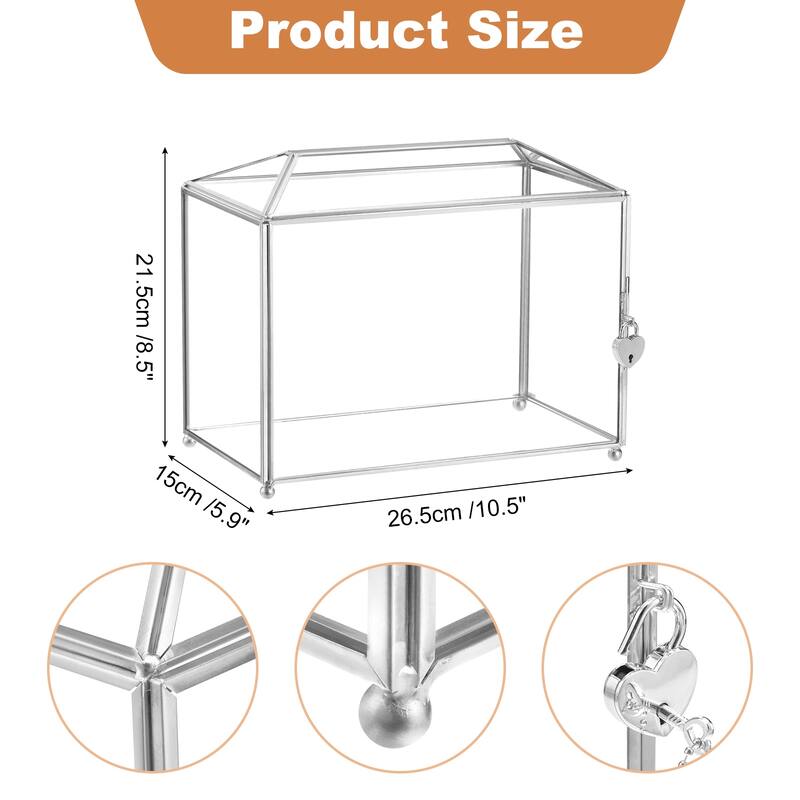 Glass Wedding Card Box with Lock, Clear Card Box for Reception - Silver - 10.5" x 5.9" x 8.5"