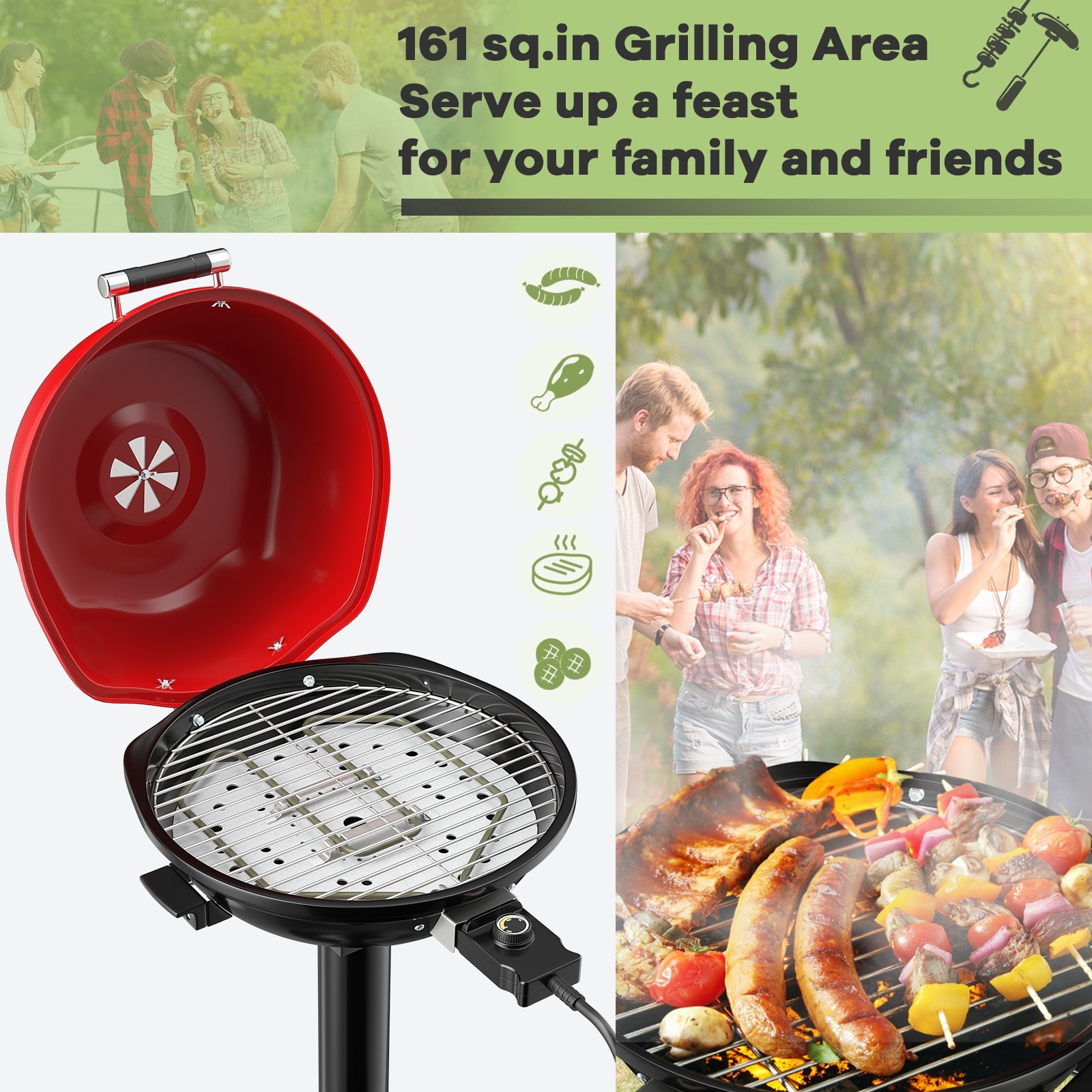 1600W Portable Electric BBQ Grill with Removable Non Stick Rack Black