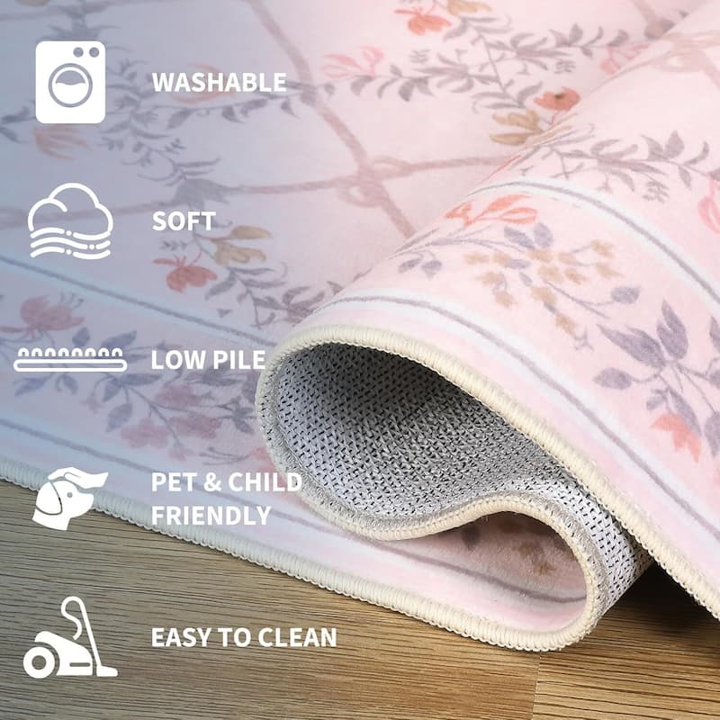 Floral Neutral Washable Hallway Low Pile Area Rug for Bedroom, Living Room, Pink Orange - 2' x 3'