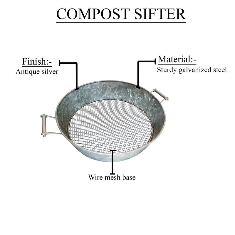 Flared Metal Compost Sifter with Wire Mesh Base and Side Handles, Silver