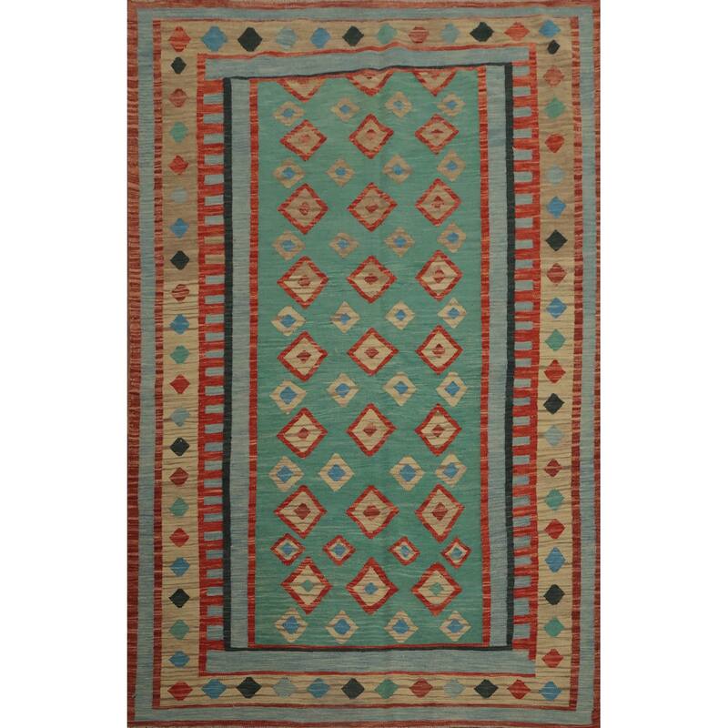 Hand Woven Oriental 100% Wool Carpet Southwestern Tribal Green Kilim Area Rug - 7' 11'' X 5' 8''