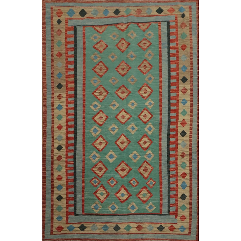 Hand Woven Oriental 100% Wool Carpet Southwestern Tribal Green Kilim Area Rug - 7' 11'' X 5' 8''