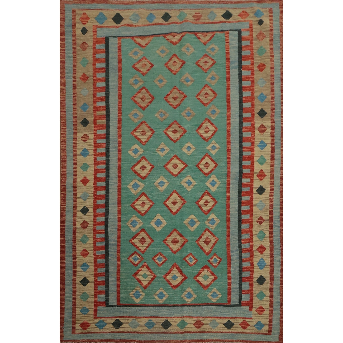 Hand Woven Oriental 100% Wool Carpet Southwestern Tribal Green Kilim Area Rug - 7' 11'' X 5' 8''