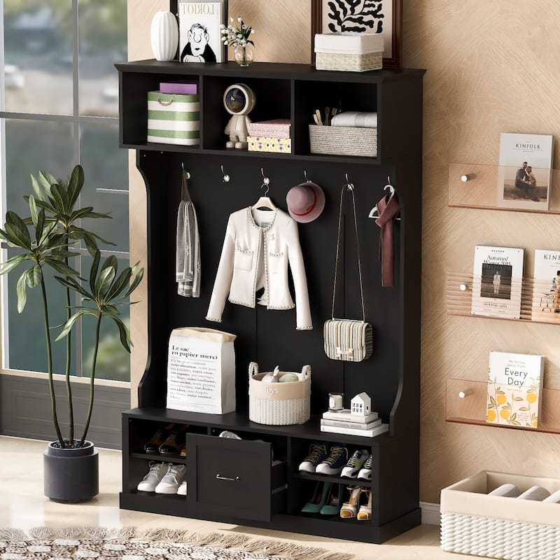 Storage Bench with Shoe Rack 57" Hall Tree Wood Coat Tree with 6 Hooks, Open Coat Hanger for Entrance, Living Room