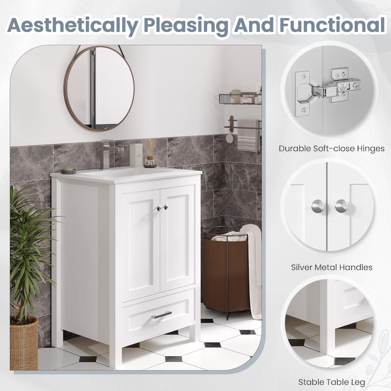 EROMMY All-in-One Bathroom Vanity with Ceramic Sink, Soft-Close Storage Cabinet & Drawer, Glossy Countertop, White