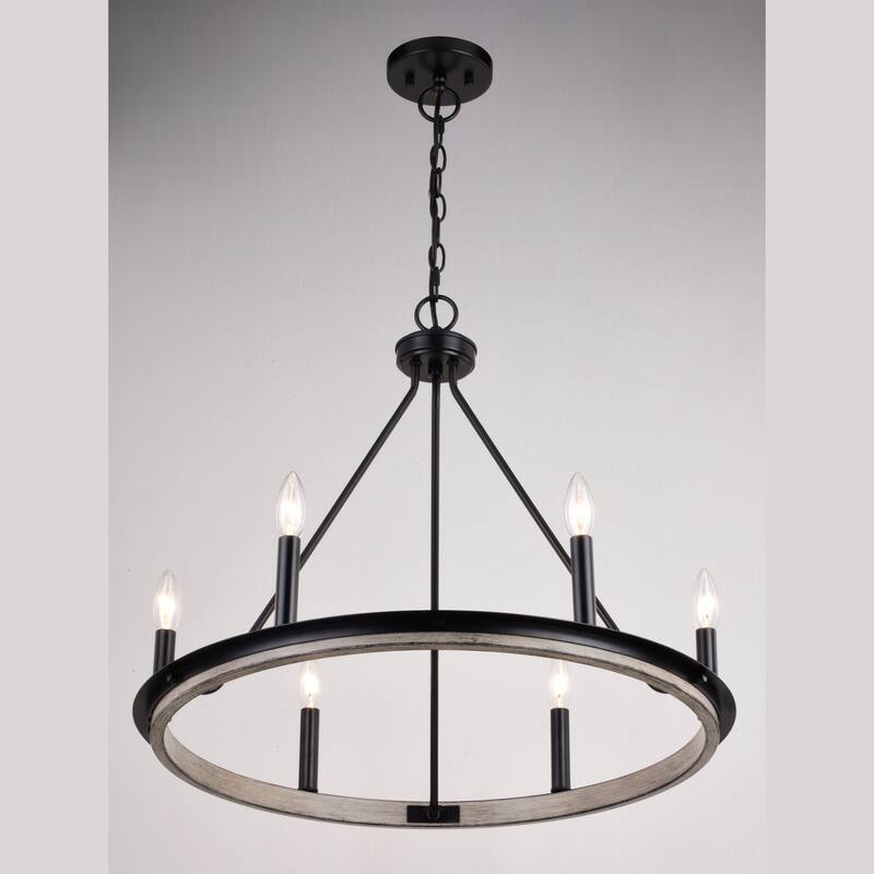 Russel 6 Light Matte Black and Weathered Gray Farmhouse Candle Wheel Chandelier - 24.75-in W x 21.5-in H x 24.75-in D