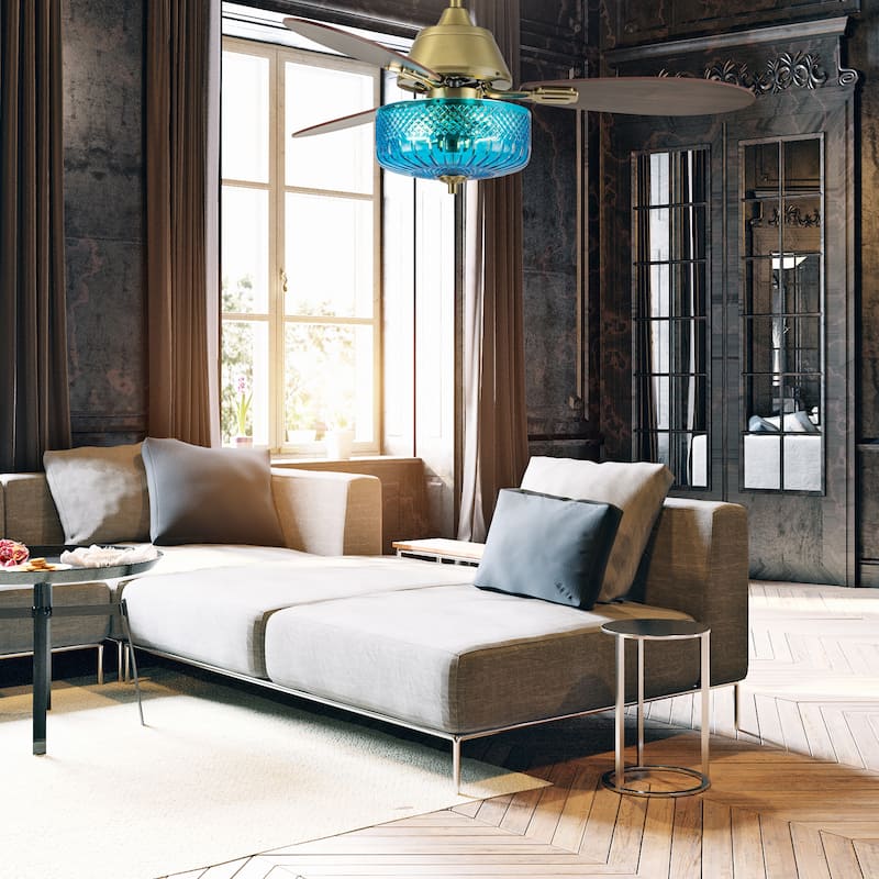 Maeve River of Goods 3-blade 42-inch Glam Indoor Ceiling Fan with Blue Hand-Cut Glass Shade and Remote Control