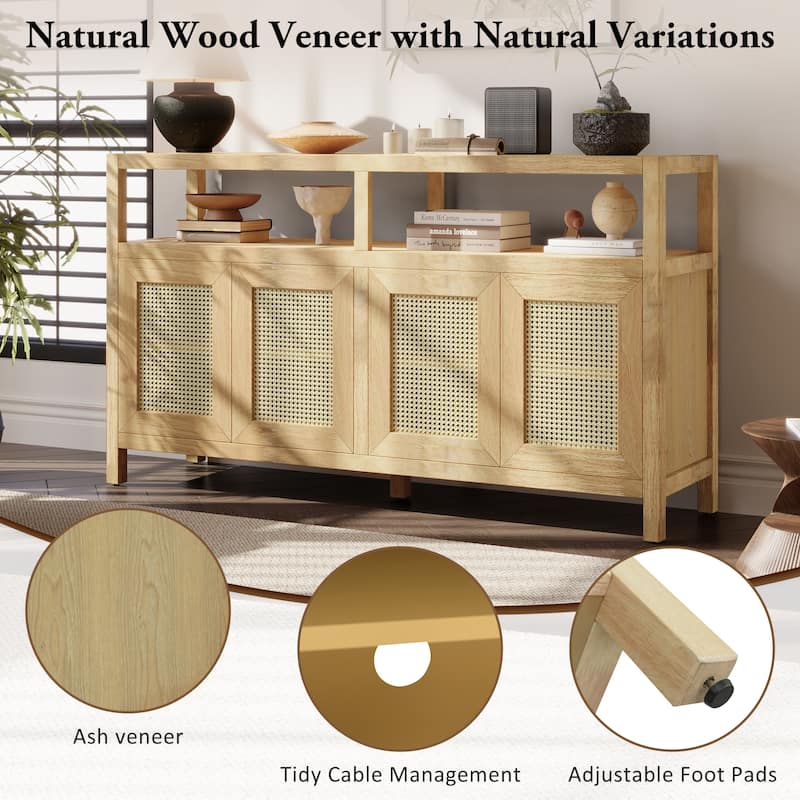 Bohemian Style Rattan Buffet Storage Cabinet with 3-Position Adjustable Shelves and Solid Wood Frame, for Dining Room