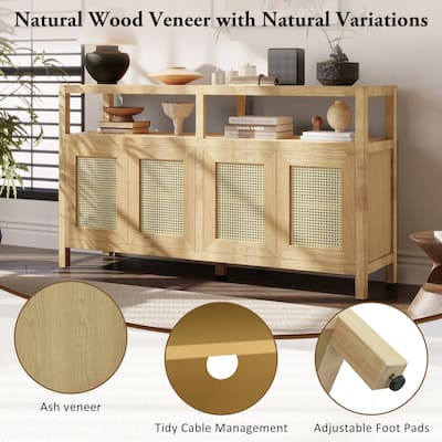 Boho Rattan Buffet Storage Cabinet Sideboard, Solid Wood Frame Accent Cabinet Entryway Cabinet for Living & Dining Room